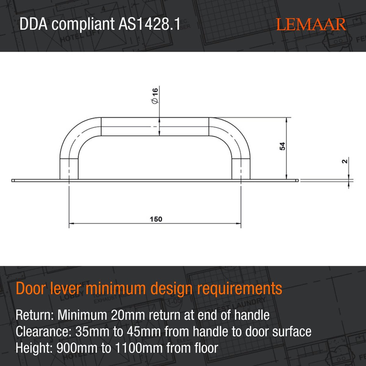 Lemaar D Pull Handle - 250 x 65 x 2mm - Satin Stainless Steel - DDA Compliant