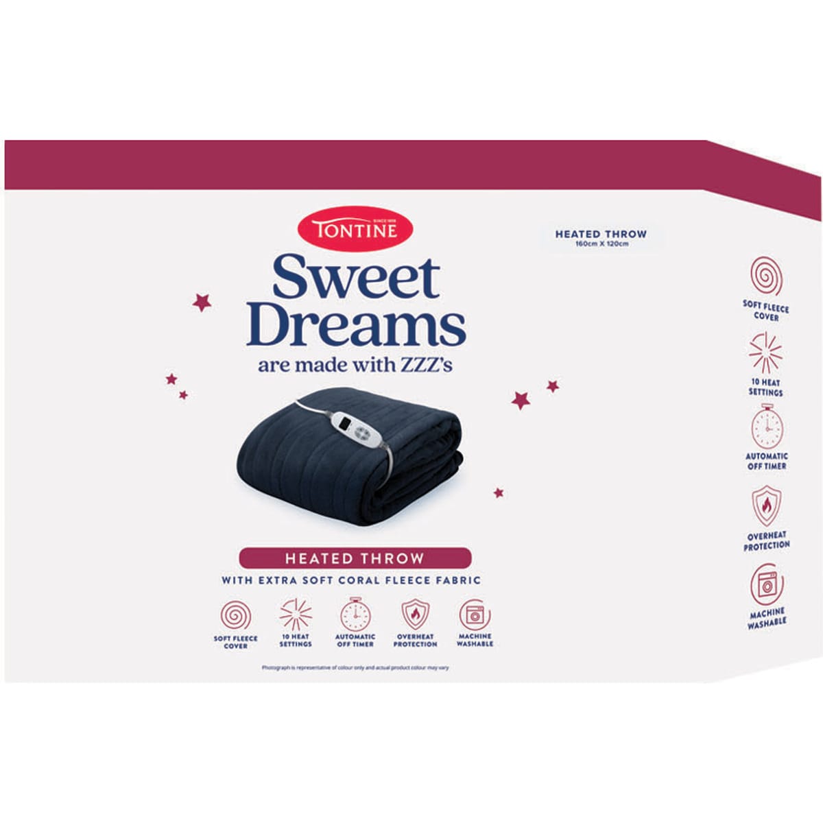 Tontine Sweet Dreams Fleece Heated Throw Navy Each