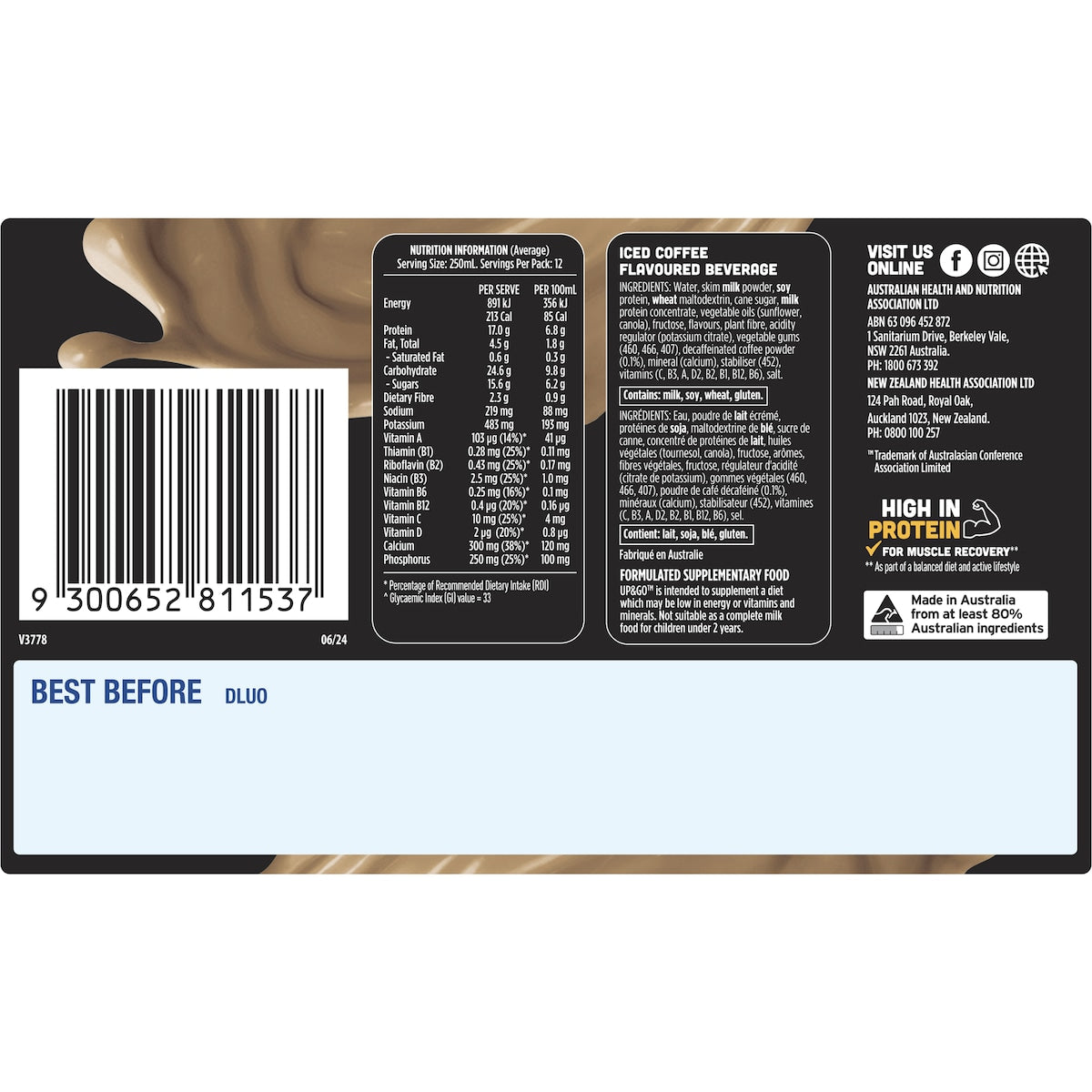 Up&go Protein Energize Iced Coffee Flavour Breakfast Drink 250ml X12 Pack