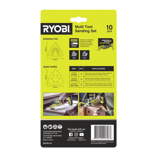 Ryobi Multi Tool Sanding Set - 93mm - 80/120/240 Grit - 10 Piece