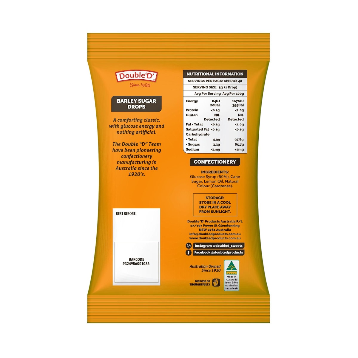 Double 'd' Barley Sugar Drops 200g