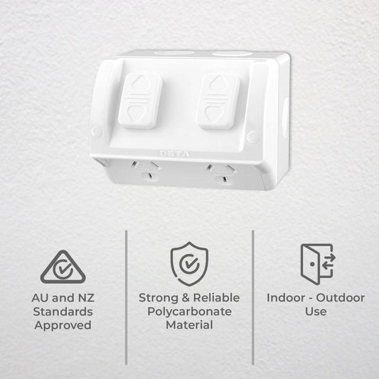 Deta Rhodium Plated Outdoor Double Outlet Powerpoint - 250V - 10 Amp