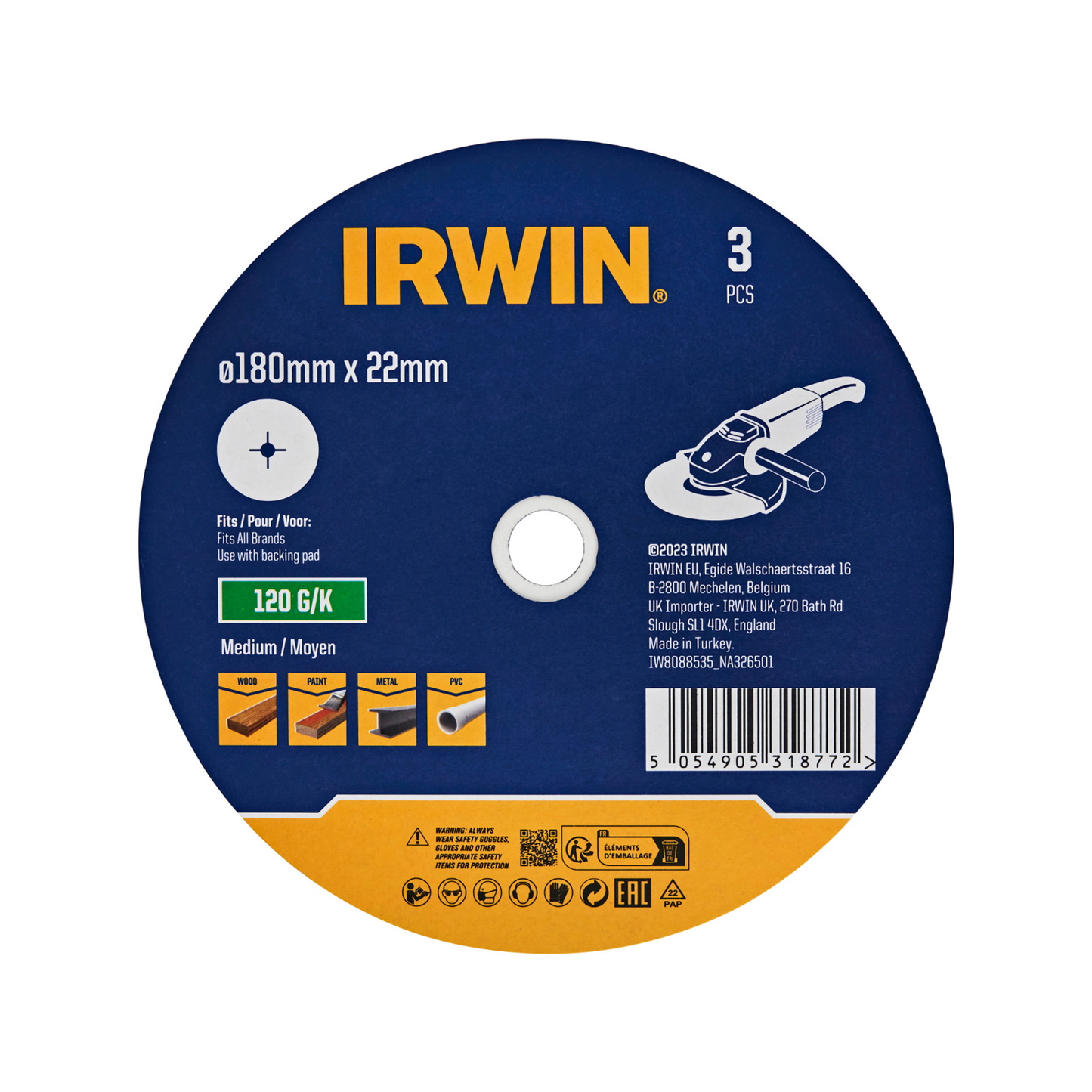 Irwin Fibre Disc - 180 x 22mm - 120 Grit - 3 Pack