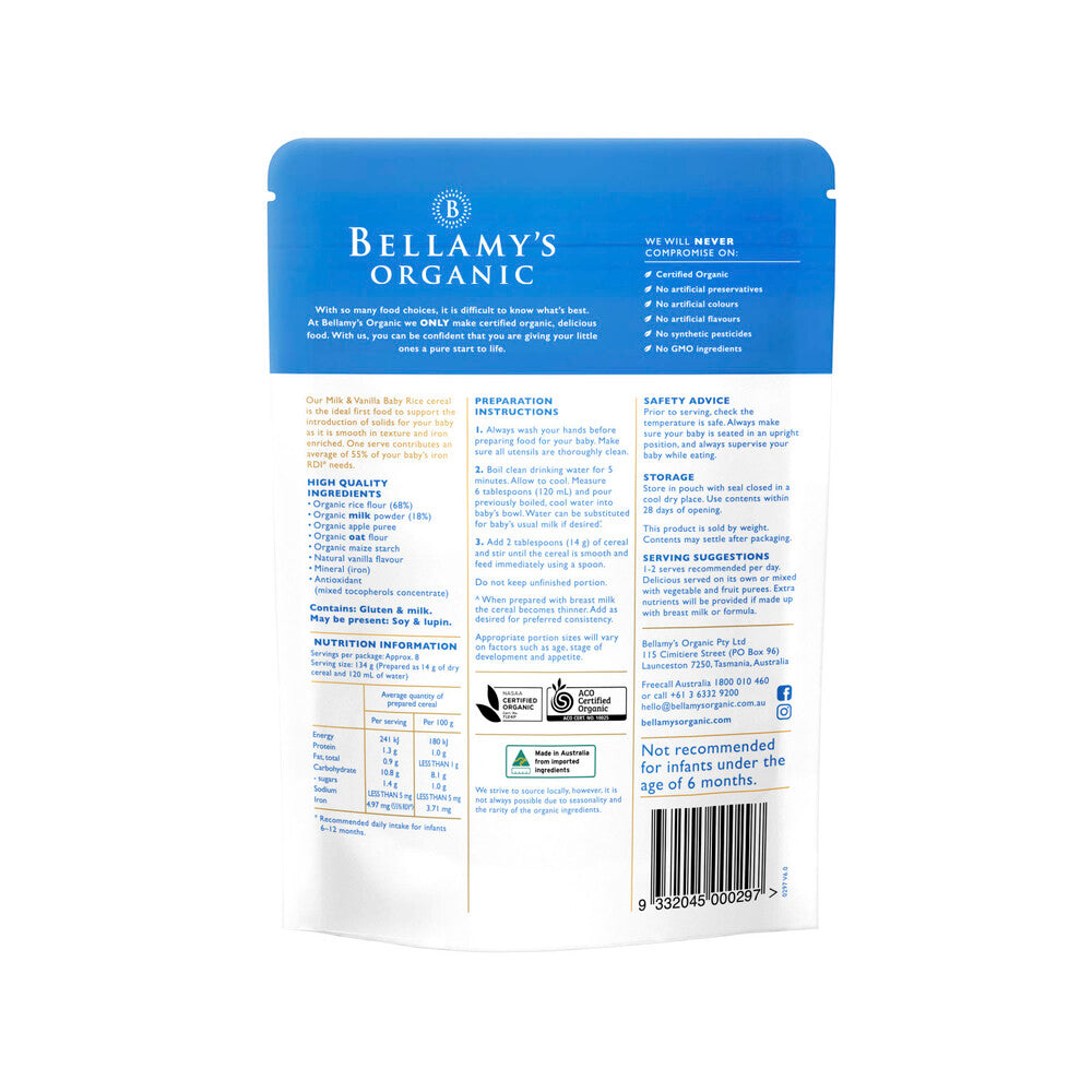 Bellamy's Organic Cereal Vanilla Rice Custard - 125g