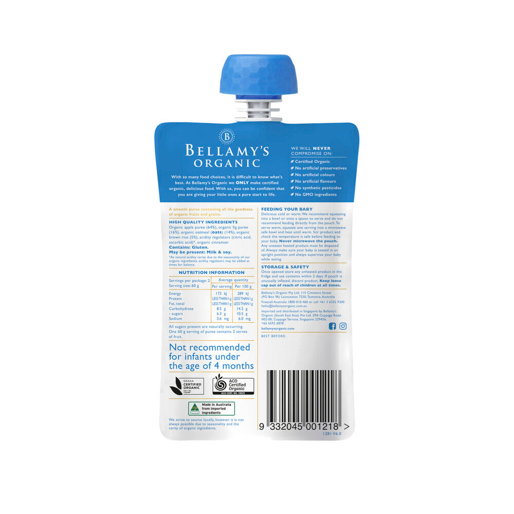 Bellamy's Organic Apple & Fig Oatmeal Puree 4+ Months - 120g