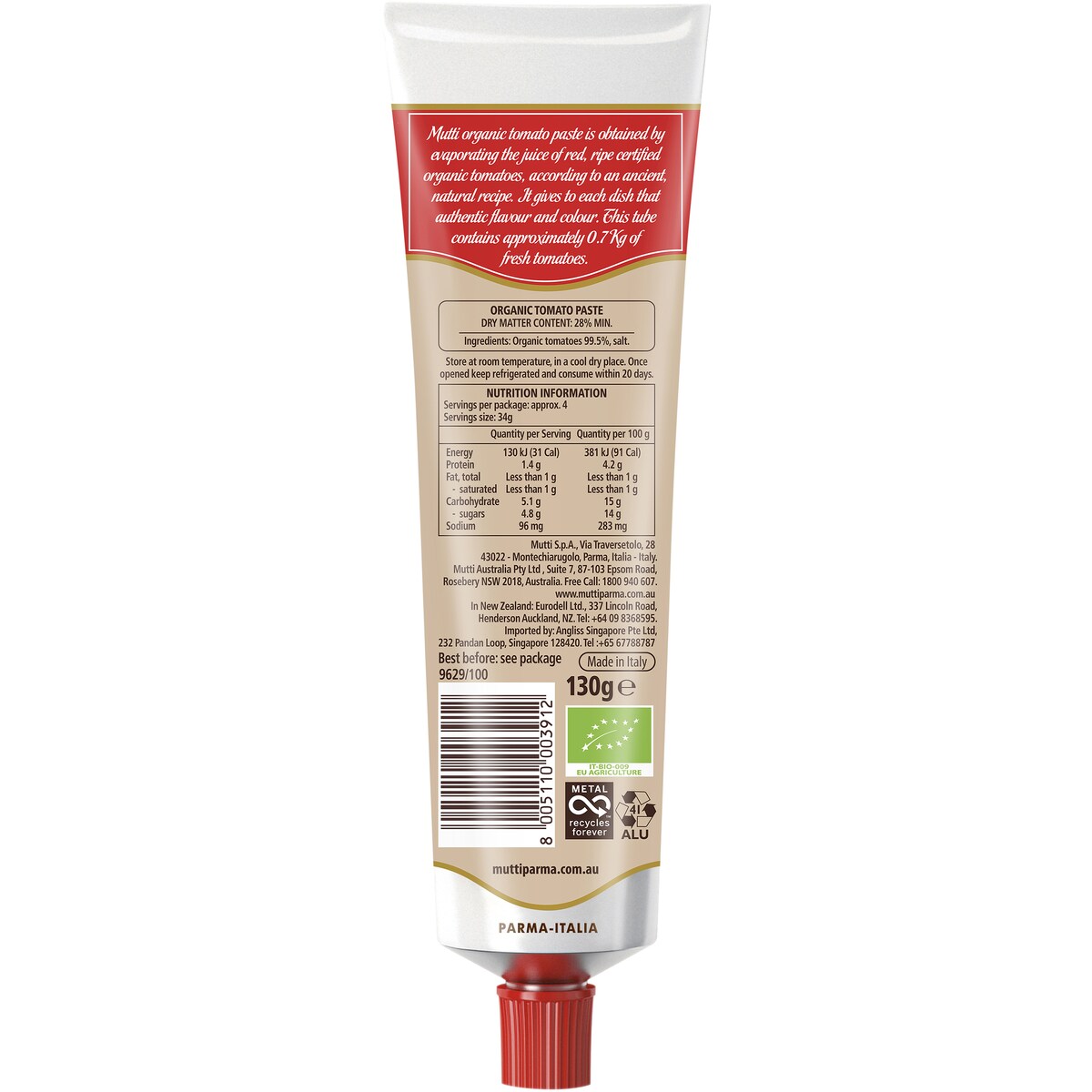 Mutti Organic Tomato Paste Double Concentrated 130g