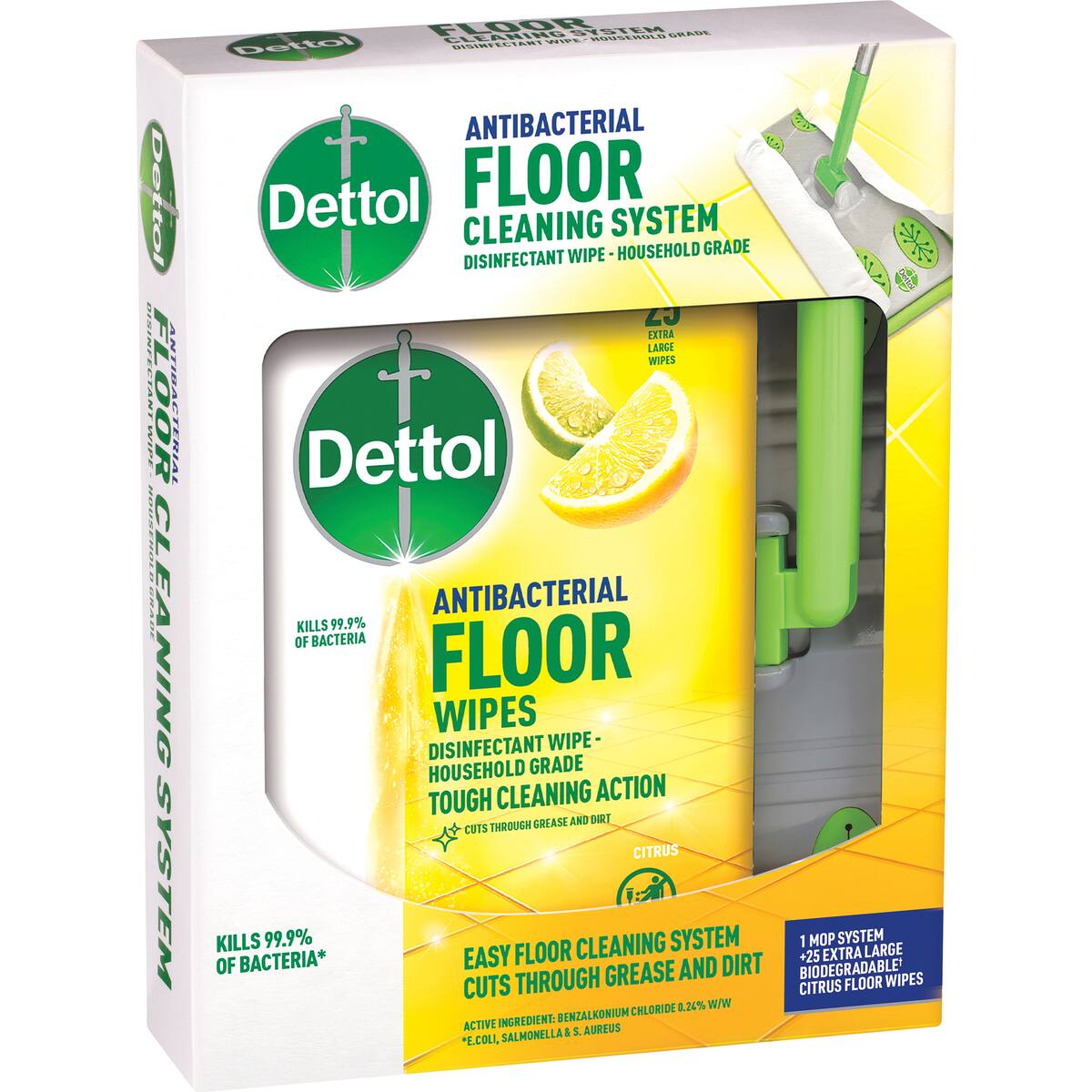 Dettol Antibacterial Floor Mop System With 25 Floor Cleaning Wipes Each