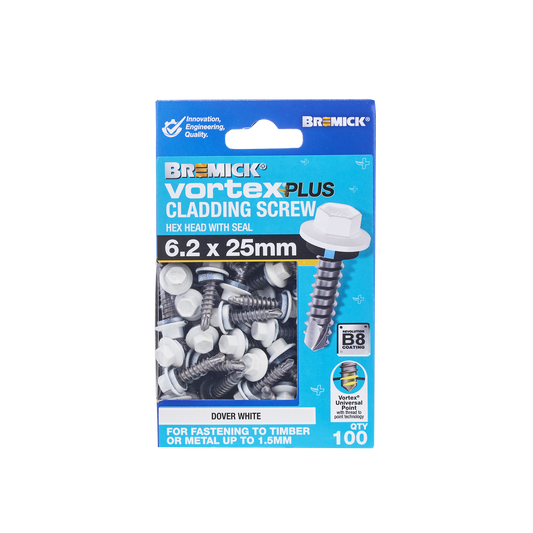 Bremick Vortex Plus Cladding Screw - 6.2 x 25mm - Hex B8 - Dover White - 100 Pack