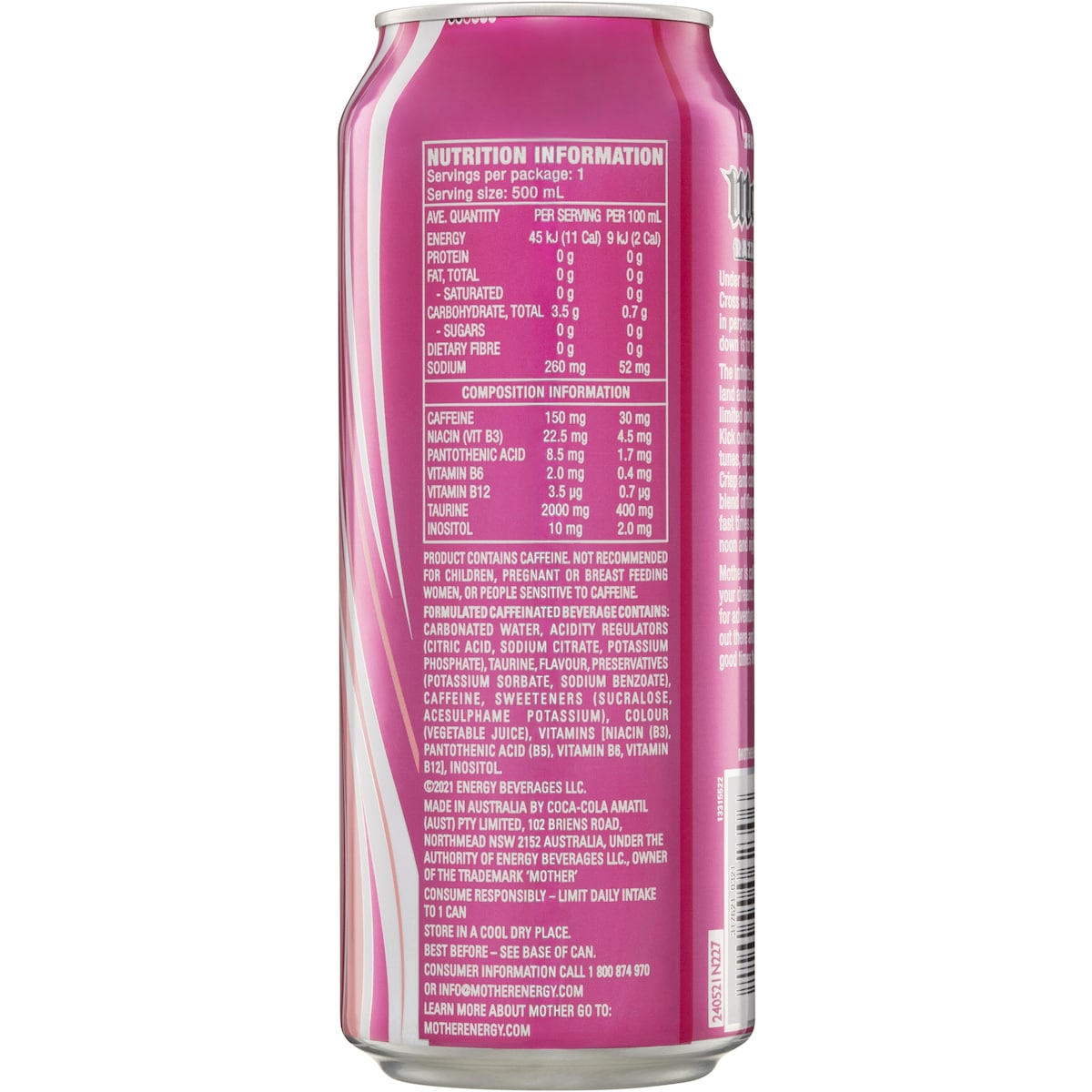 Mother Mother Energy Drink Zero Sugar Razzle Berry Can 500ml