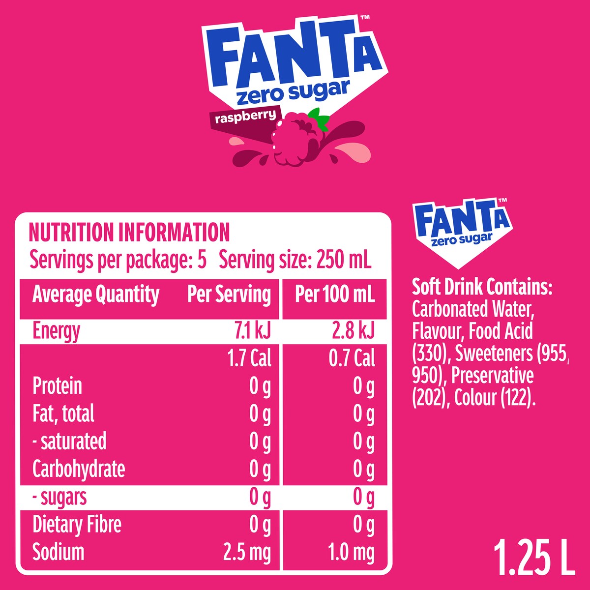 Fanta Raspberry Zero Sugar Soft Drink Bottles 1.25l