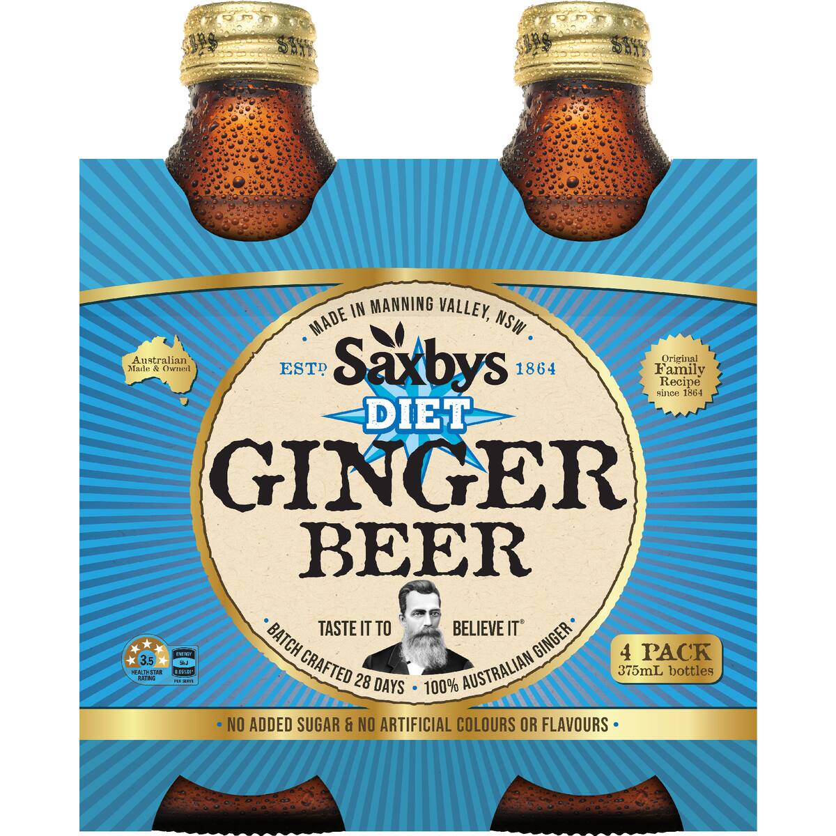 Saxbys Diet Ginger Beer 375ml X 4 Pack