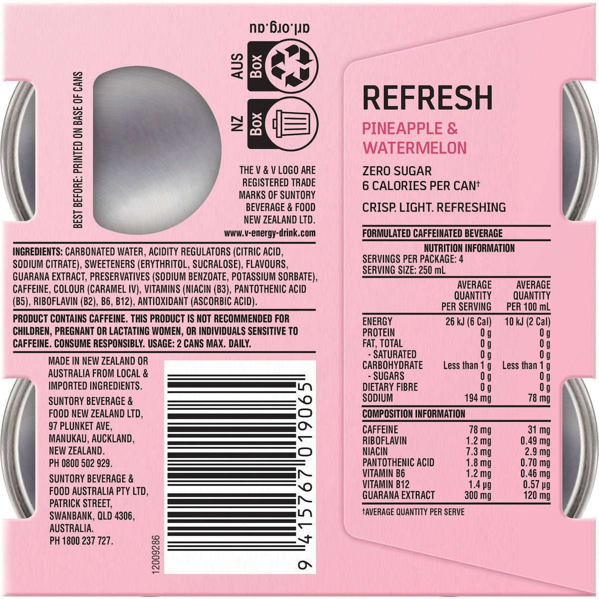 V Energy Refresh Pineapple & Watermelon Zero Sugar Cans 250ml X 4 Pack