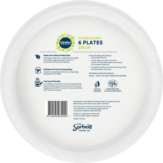Deeko Sugarcane Plates 26cm 6 Pack