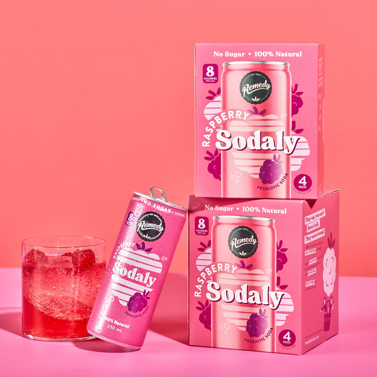 Remedy Raspberry Sodaly Prebiotic Soda No Sugar Cans 250ml X4 Pack