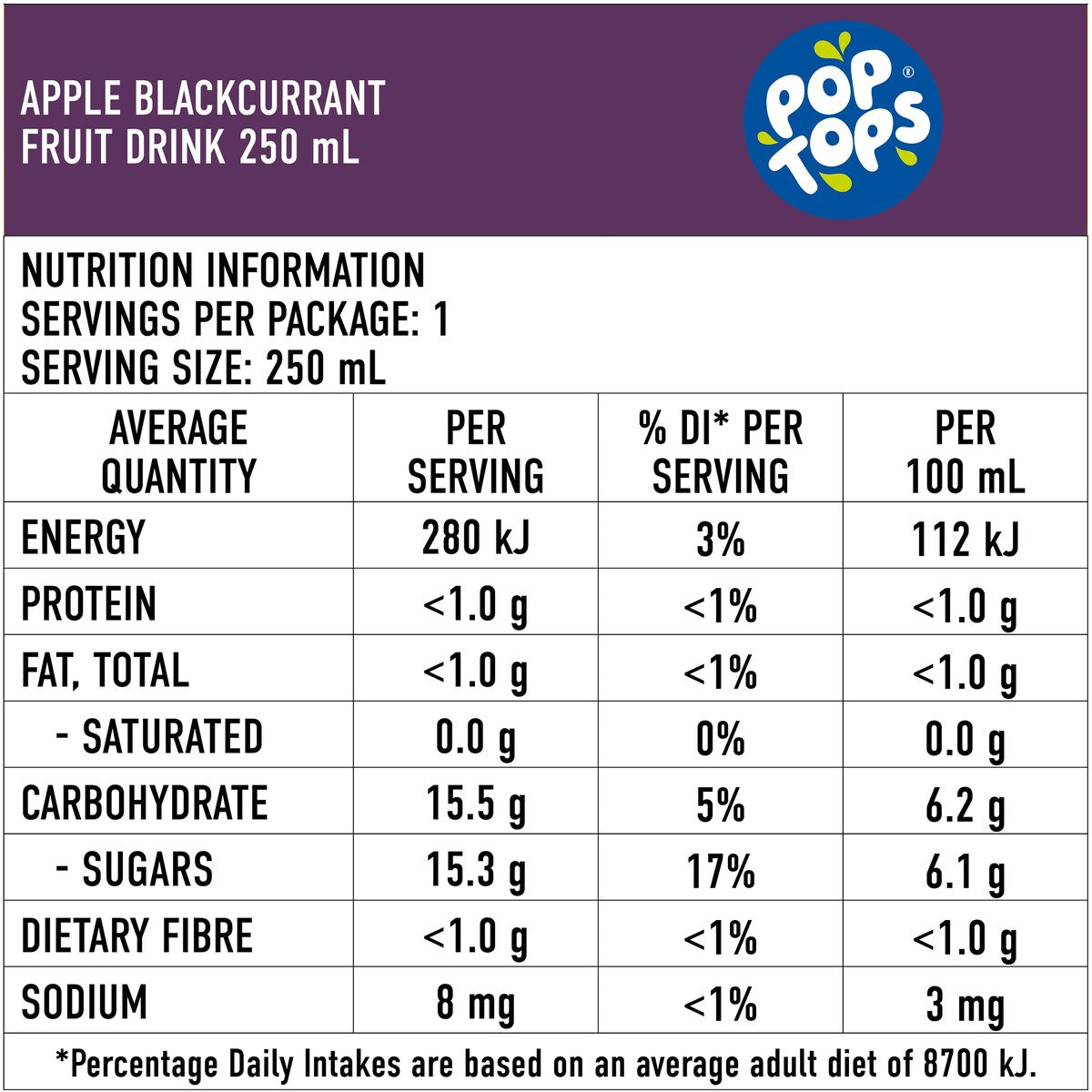 Pop Tops Fruit Drink Apple Blackcurrant Poppers Multipack Lunch Box 250mL x 6 pack