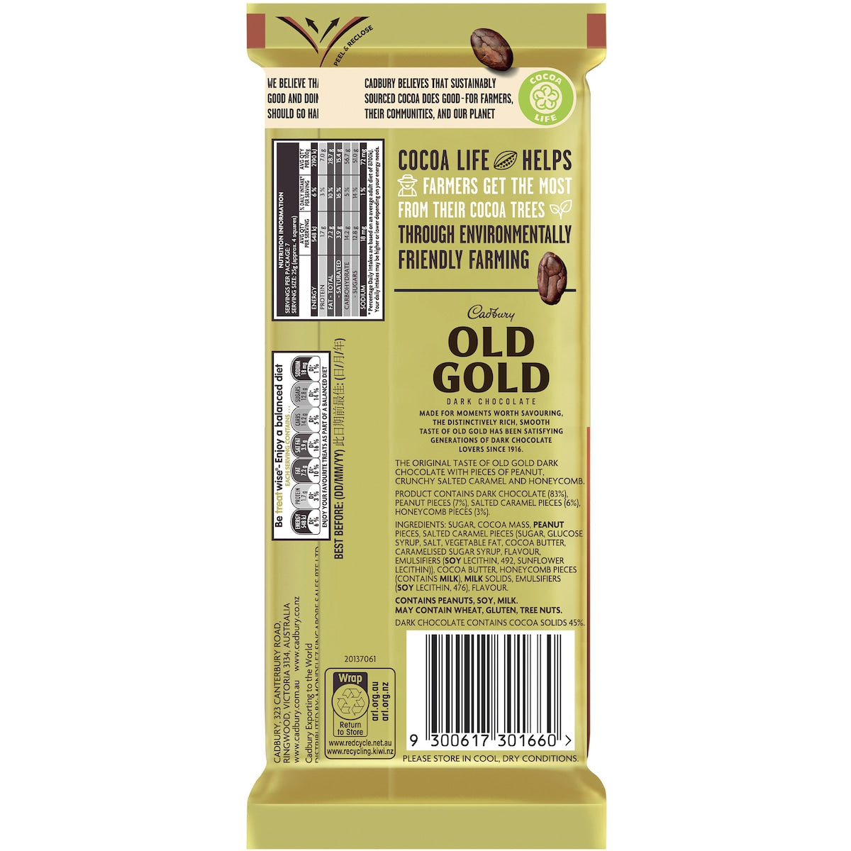 Cadbury Old Gold Peanut Brittle Dark Chocolate Block 175g