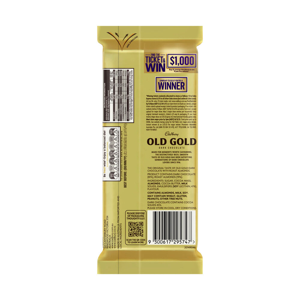 Cadbury Old Gold Roast Almond Dark Chocolate Block - 180g