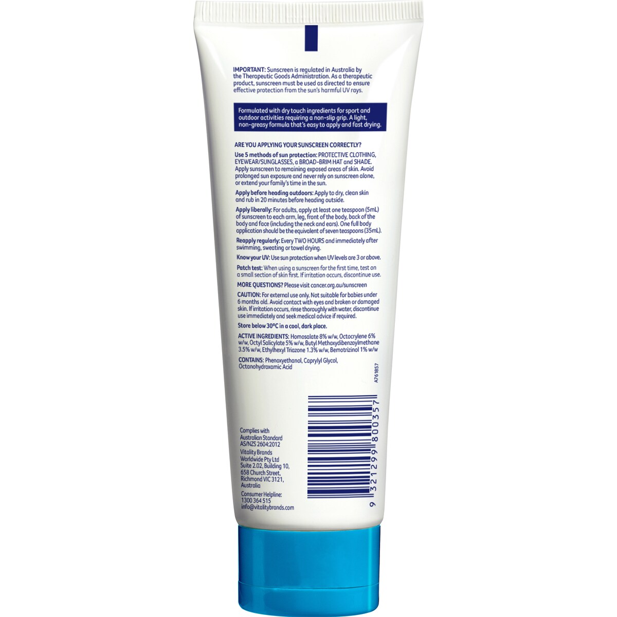 Cancer Council Sport Sunscreen Spf50+ Dry Touch & Sweat Resistant 110ml