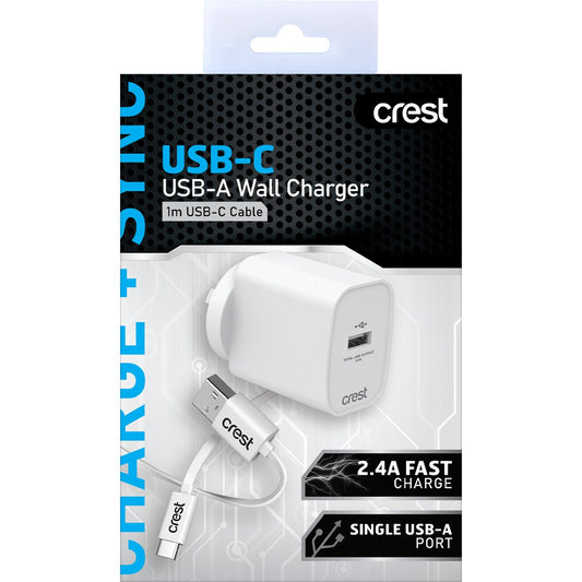 Crest Usb-c/usb-a Wall Charger 1m Usb-c Cable Each