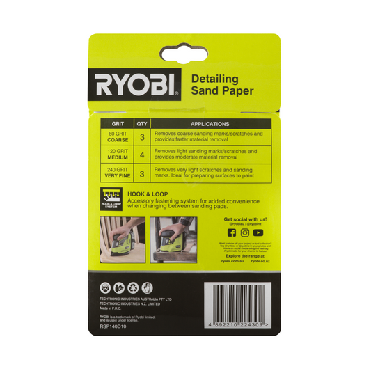 Ryobi Detail Sanding Set 100 x 140mm 80/120/240 Grit 10 Piece