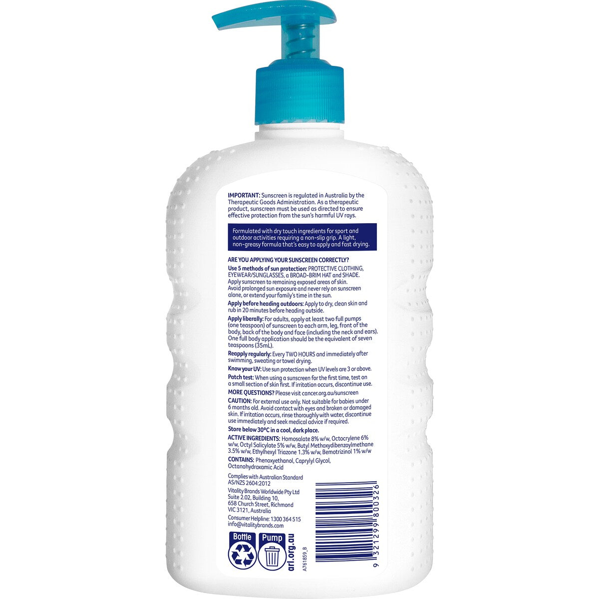 Cancer Council Sport Sunscreen Spf50+ Dry Touch & Sweat Resistant 500ml
