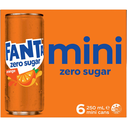 Fanta Orange Zero Sugar Soft Drink Mini Cans 250mL x 6 pack
