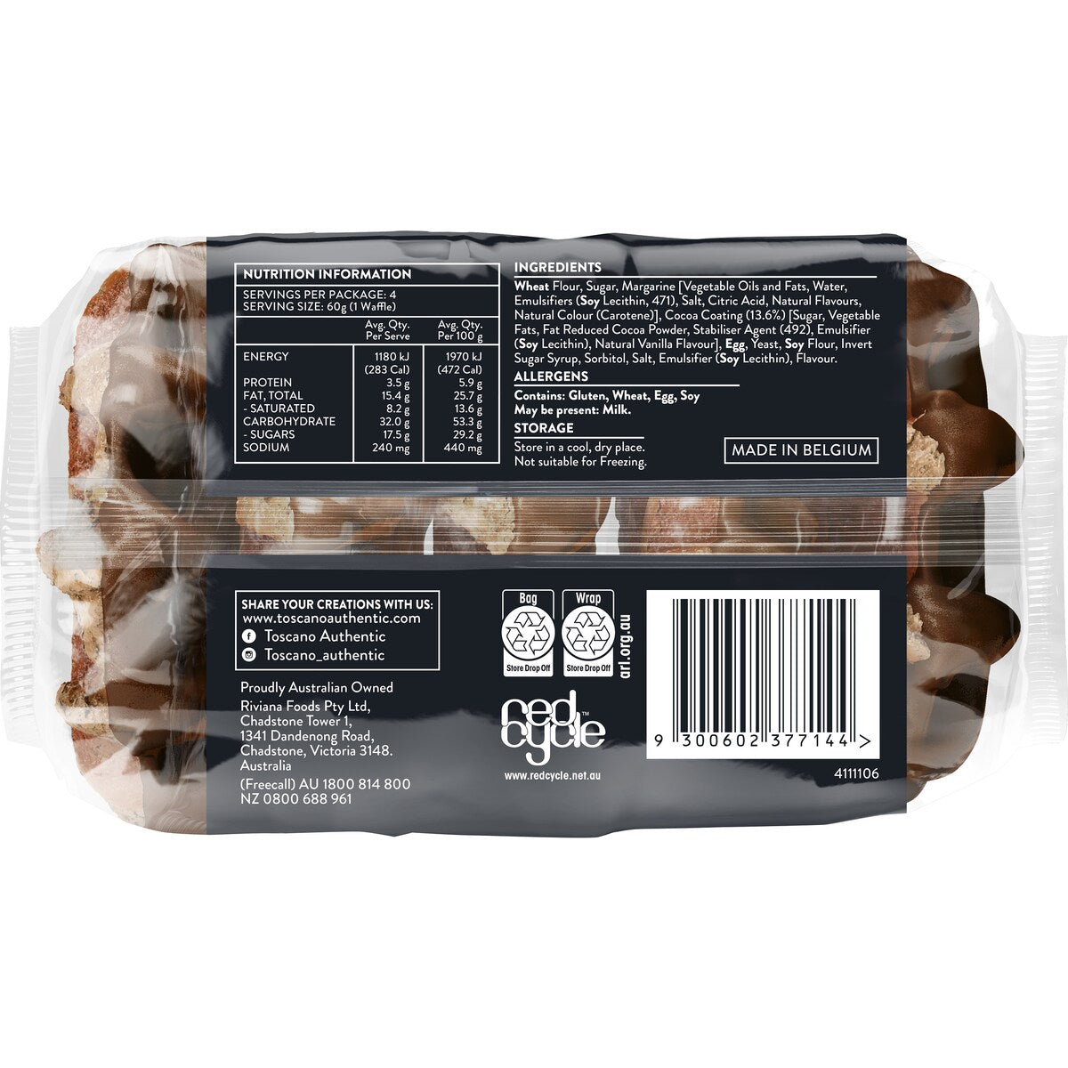 Toscano Belgian Liege Waffles Choc Coated 4 Pack