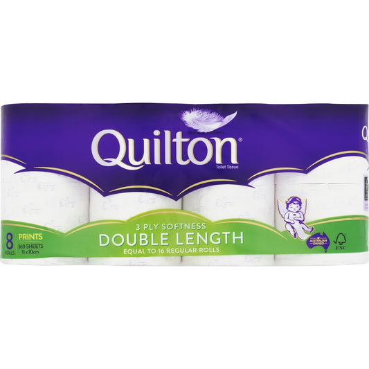 Quilton Double Length Toilet Tissue 3 Ply Prints 360 Sheets 8 Pack