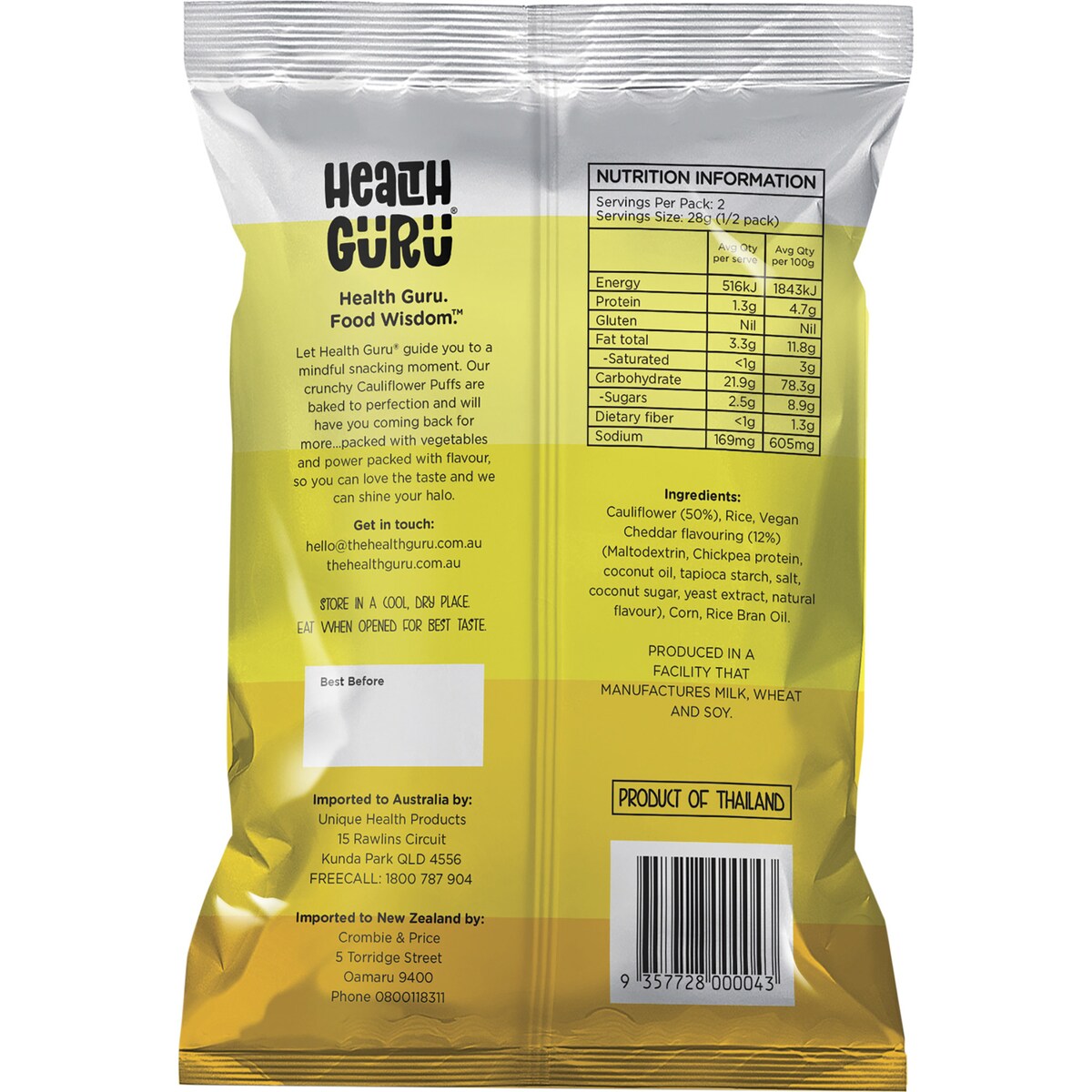 Health Guru Cauliflower Puffs Vegan Cheddar Cheese 56g