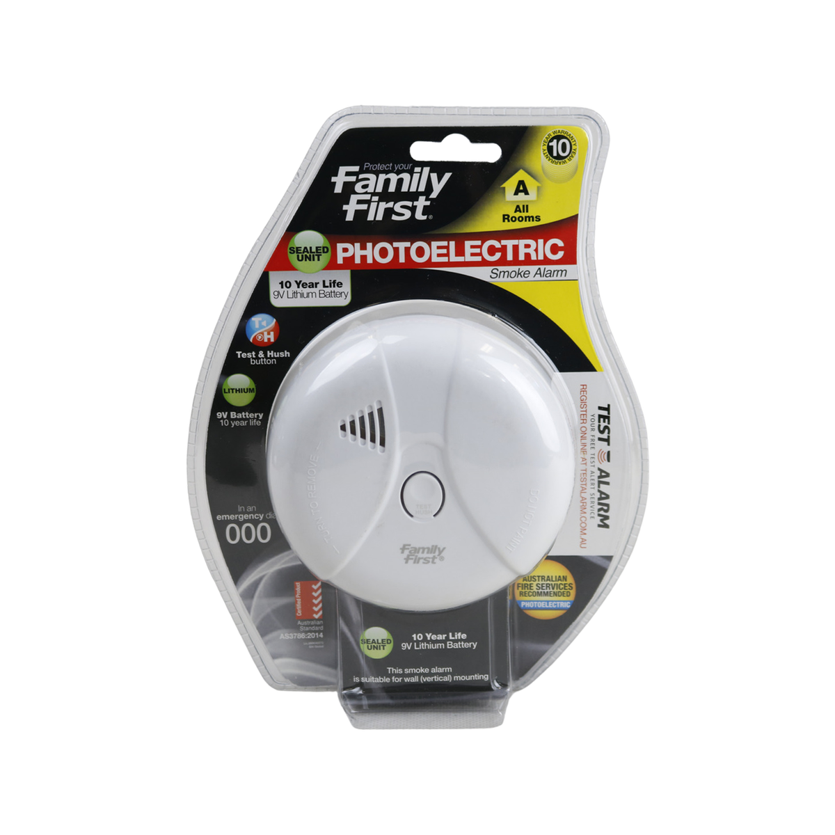 Family First Photoelectric Smoke Alarm - Sealed Unit - 10-year Life with Built-in Lithium Battery