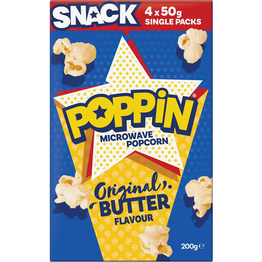 Poppin Microwave Popcorn Butter Mini Snack Size 50g X 4 Pack