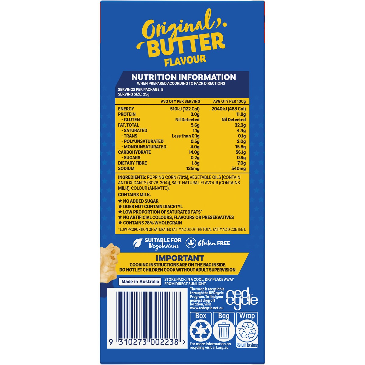 Poppin Microwave Popcorn Butter Mini Snack Size 50g X 4 Pack