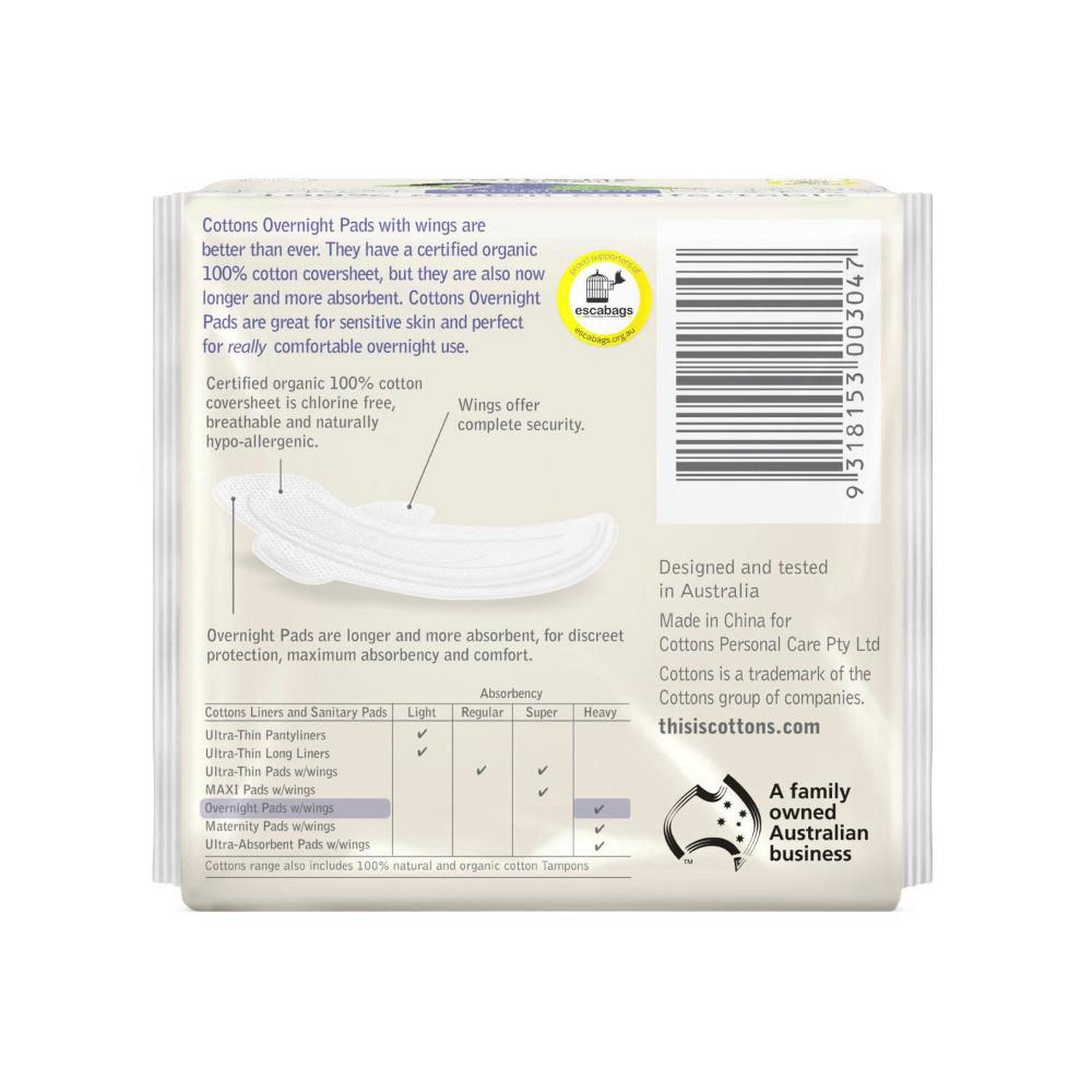 Cottons Organic Overnight Pads - 10 pack