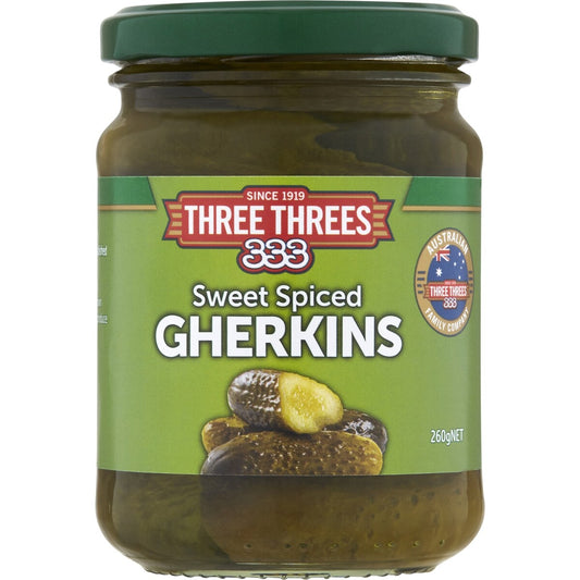 Three Threes Gherkins Sweet Spiced 260g