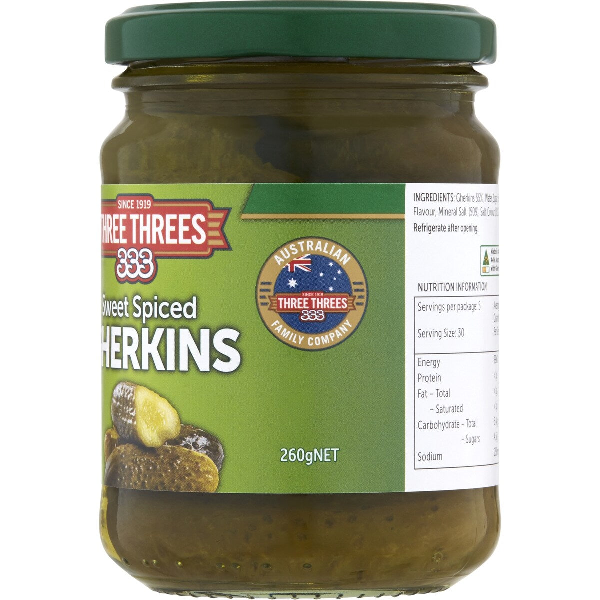 Three Threes Gherkins Sweet Spiced 260g