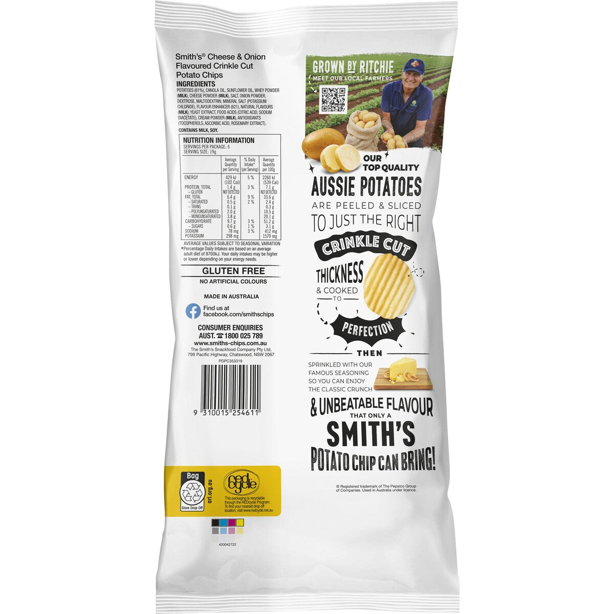 Smith's Crinkle Cut Potato Chips Multipack of 6 Cheese & Onion 114g