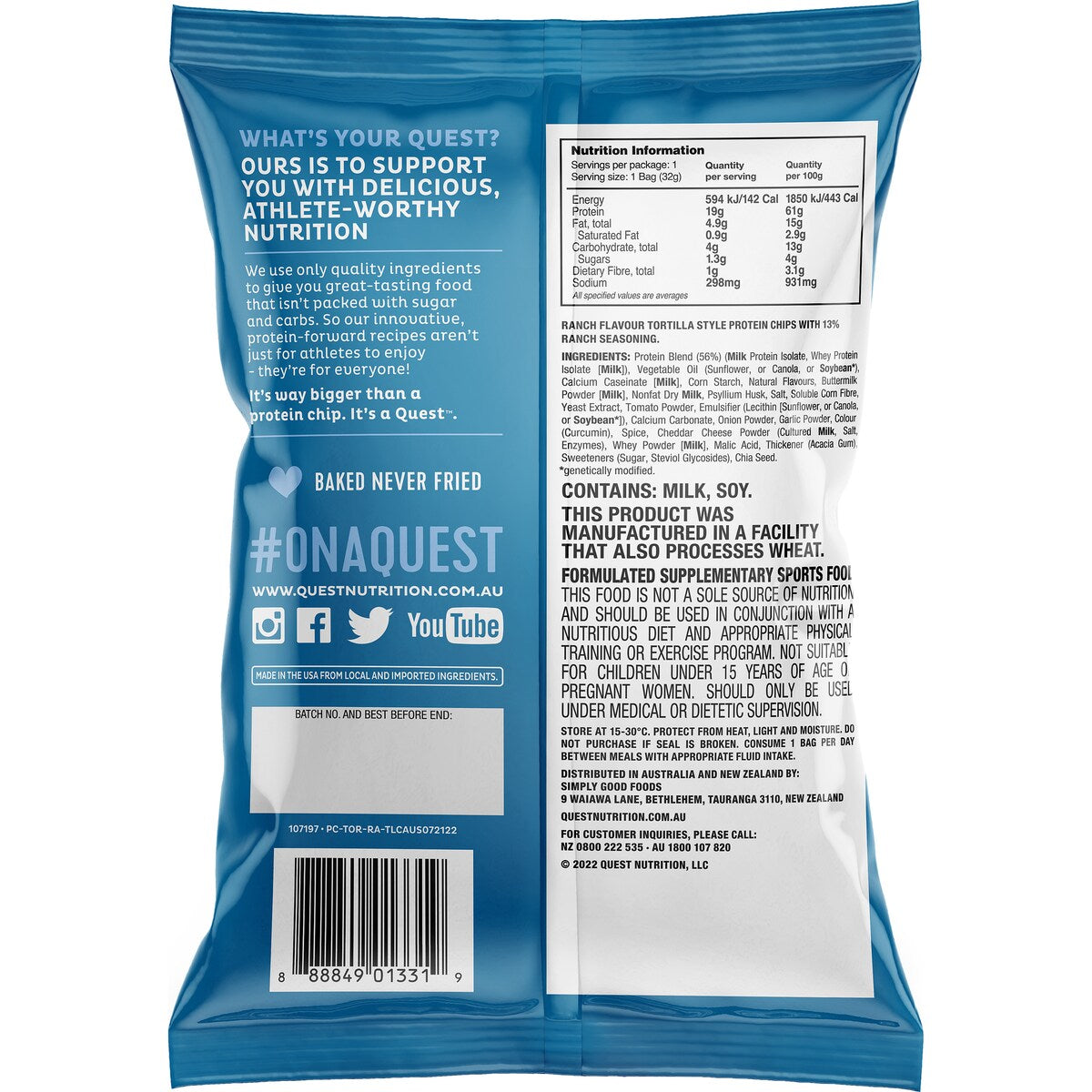 Quest Tortila Style Protein Chips Ranch Flavour 32g