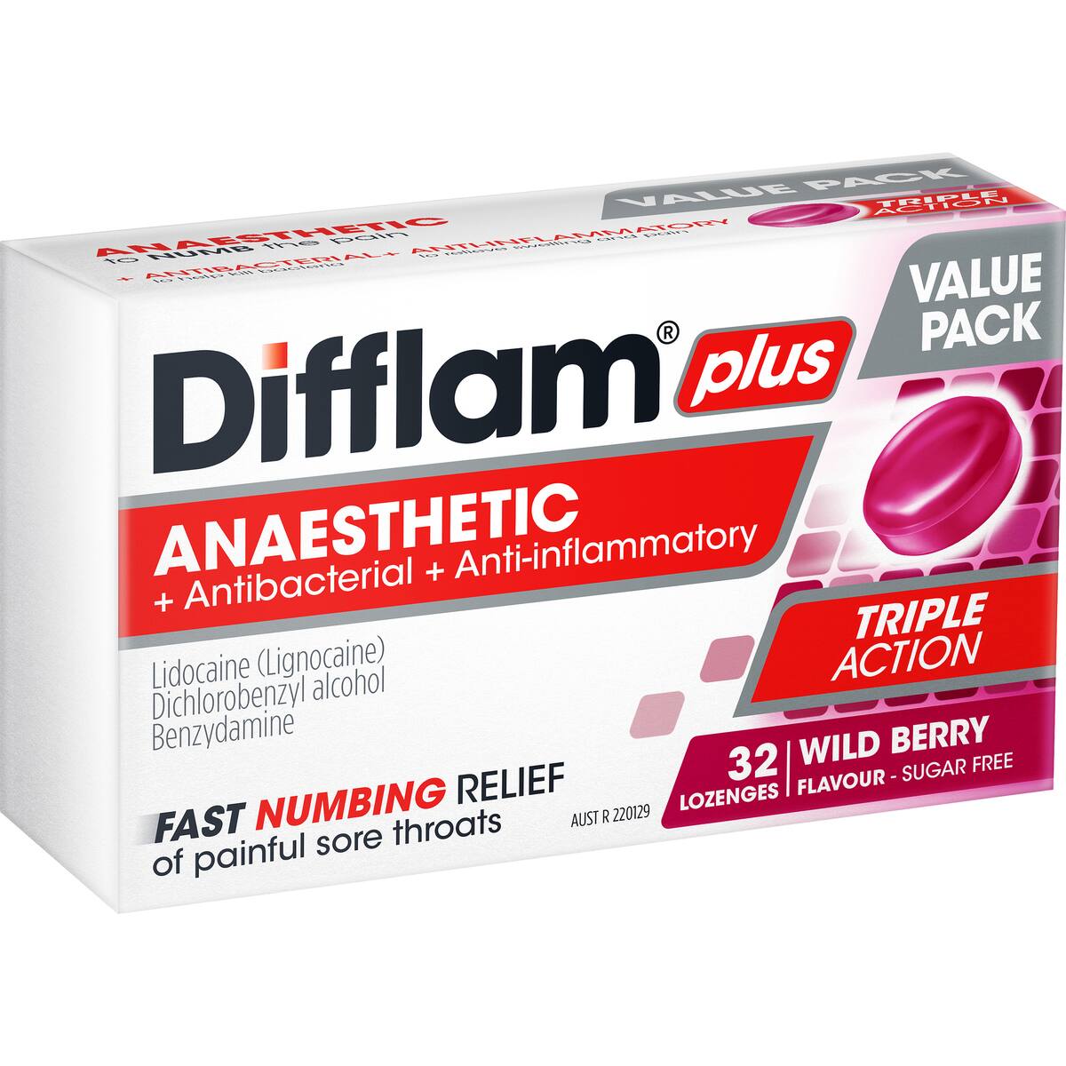 Difflam Plus Triple Action Wild Berry Flavour 32 Pack