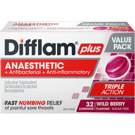 Difflam Plus Triple Action Wild Berry Flavour 32 Pack