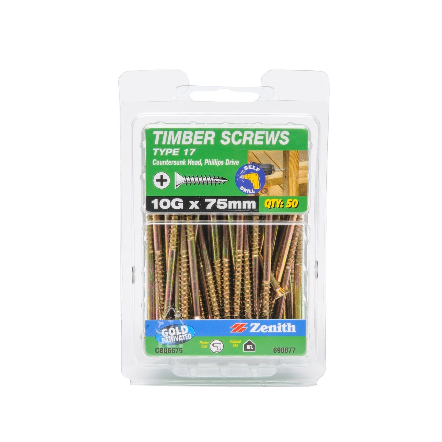 Zenith Type 17 Timber Screws - 10g x 75mm - Gold - 50 Pack