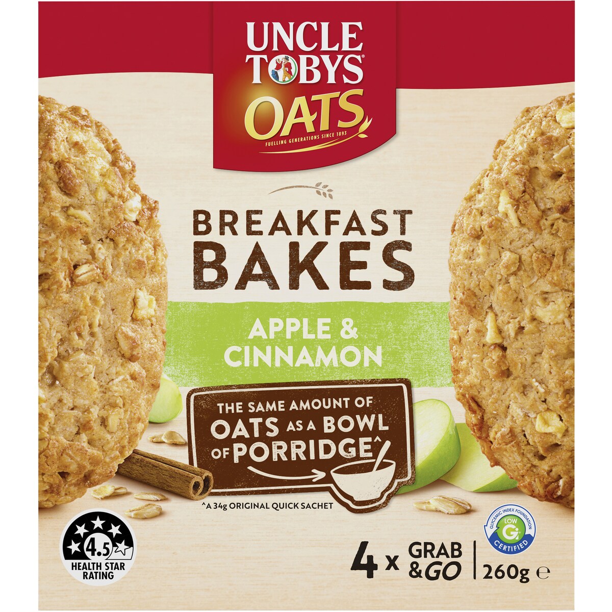 Uncle Tobys Oats Breakfast Bakes Cereal Bar Apple & Cinnamon 260g