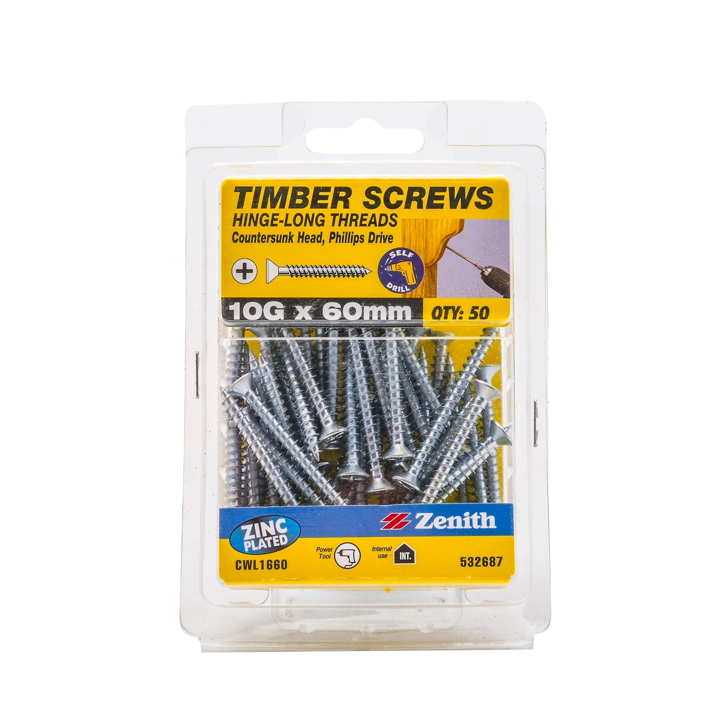 Zenith Hinge Long Thread Screw - 10g x 60mm - Zinc - 50 Pack