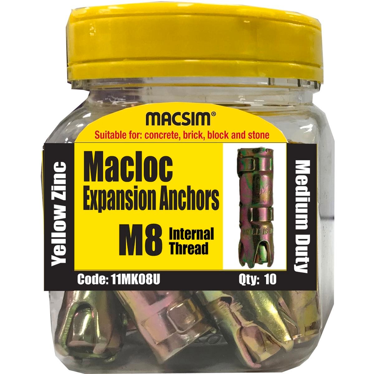 Macsim M8 Medium Duty Macloc Anchor - Yellow Zinc - 10 Jar - 65mm x 80mm