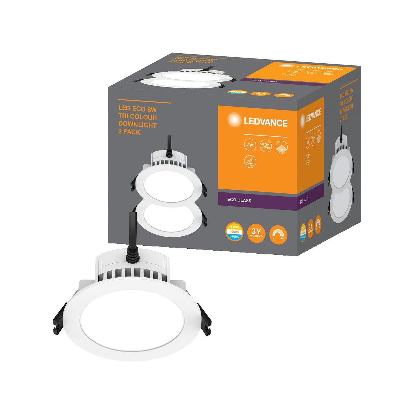 Ledvance Fixed Tri Colour LED Downlight - 8W - 2 Pack