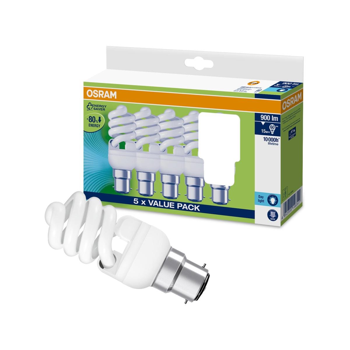 Osram Mini Spiral CFL 15W B22 865LM Daylight Light Globe 5 Pack