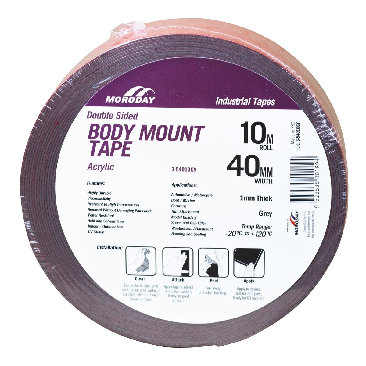 Moroday Double Sided Body Mount Tape - 40mm x 10m - Acrylic - Weather Resistant