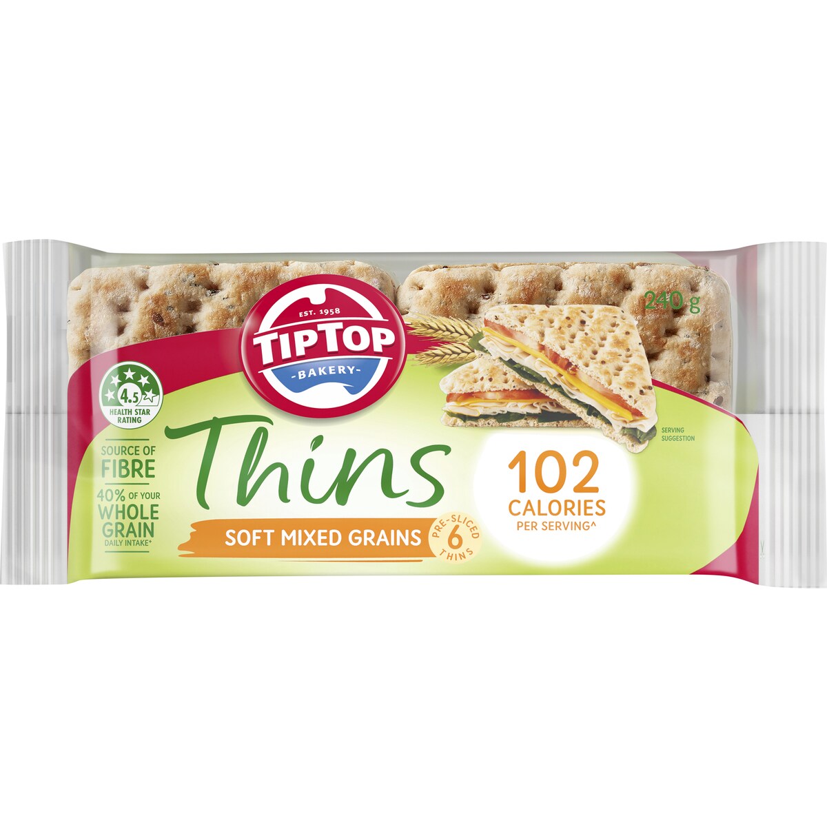 Tip Top Sandwich Thins Mixed Grain Bread Bakery 6 Pack