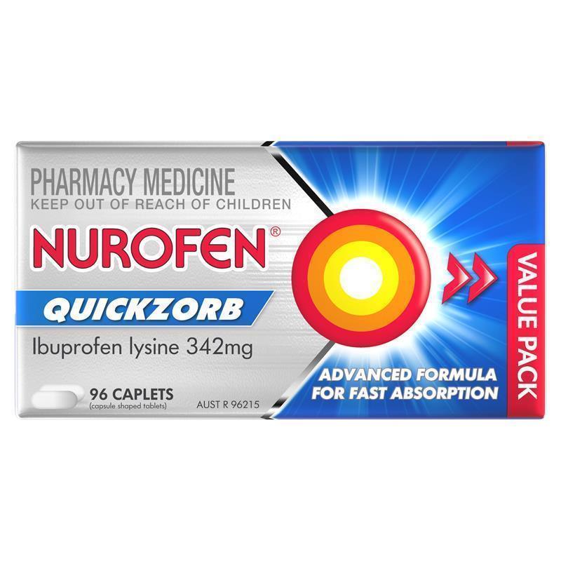 Nurofen Quickzorb Pain Relief Caplets 96 pack Ibuprofen Lysine 342mg