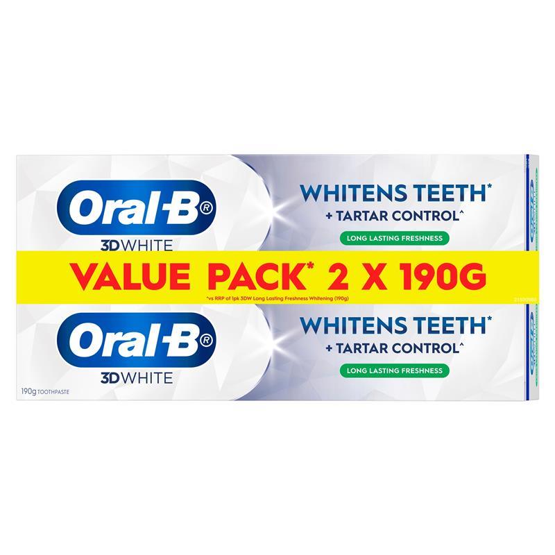 Oral B Toothpaste 3D White Whitens Teeth Long Lasting Freshness 2 x 190g Value Pack