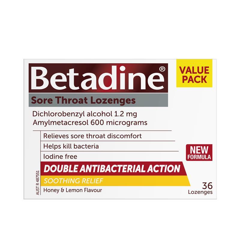 Betadine Sore Throat Lozenges Soothing Honey & Lemon Flavour 36 Pack